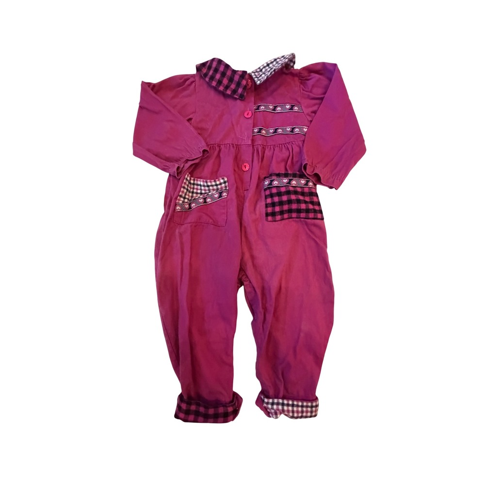 Vintage Class Club Baby Pink Plaid Heart Trim Cotton Coverall Jumpsuit 24M